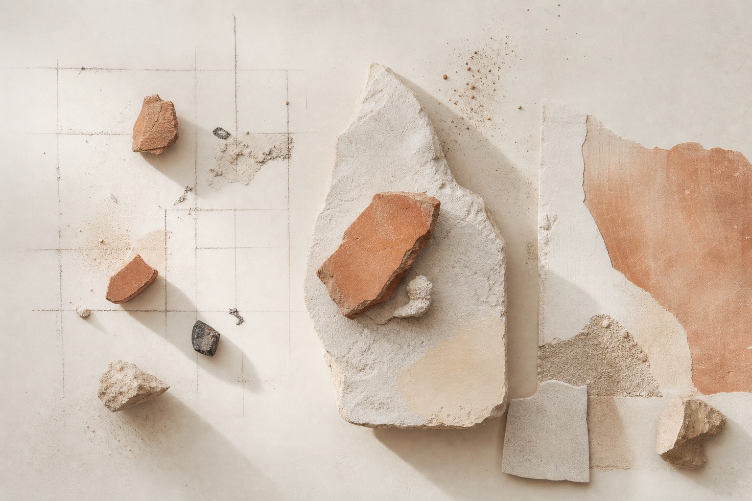 Composition abstraite de fragments de terre cuite sur une surface claire
