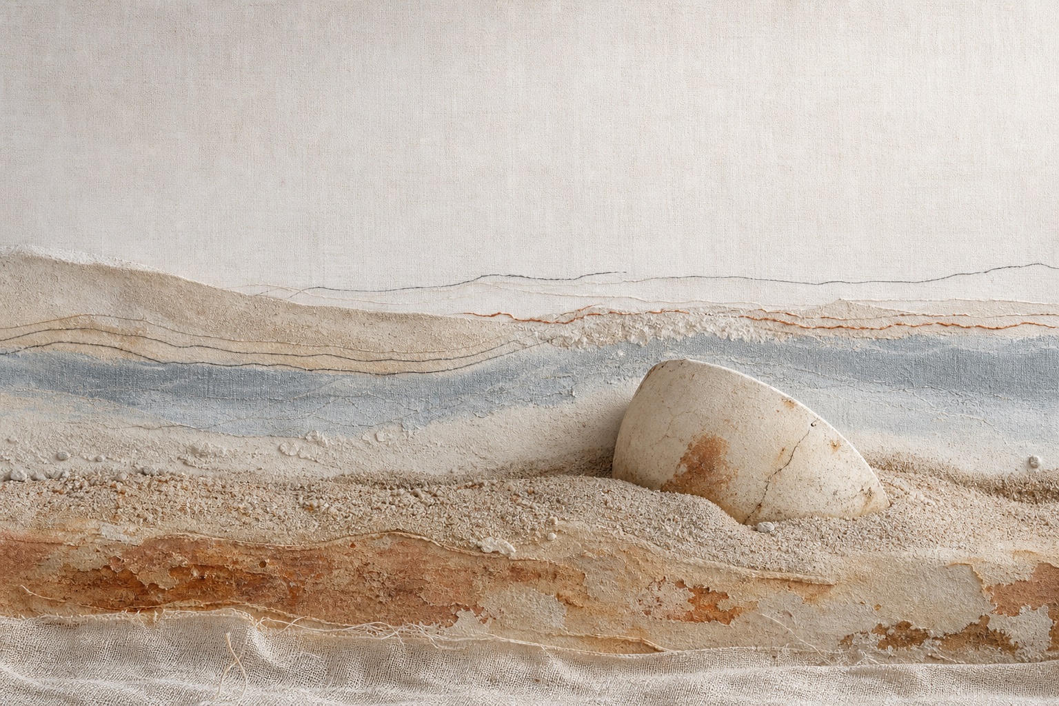 Strates de sable et de textile autour d’une forme en céramique claire