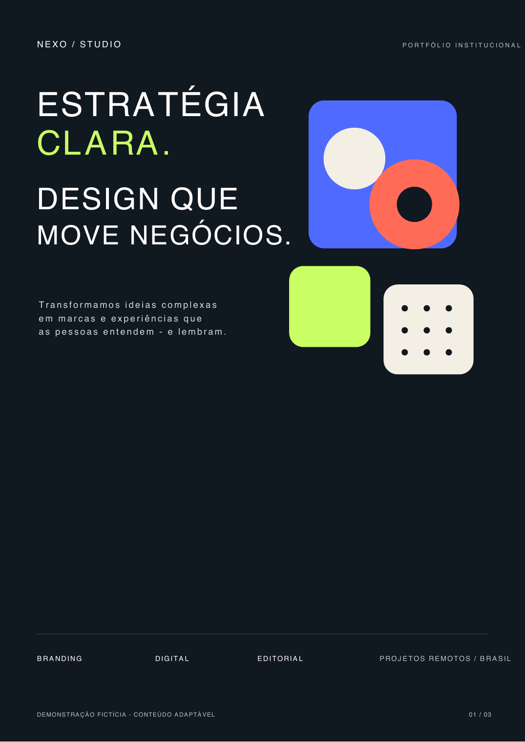 Capa escura do portfólio NEXO Studio com formas geométricas coloridas