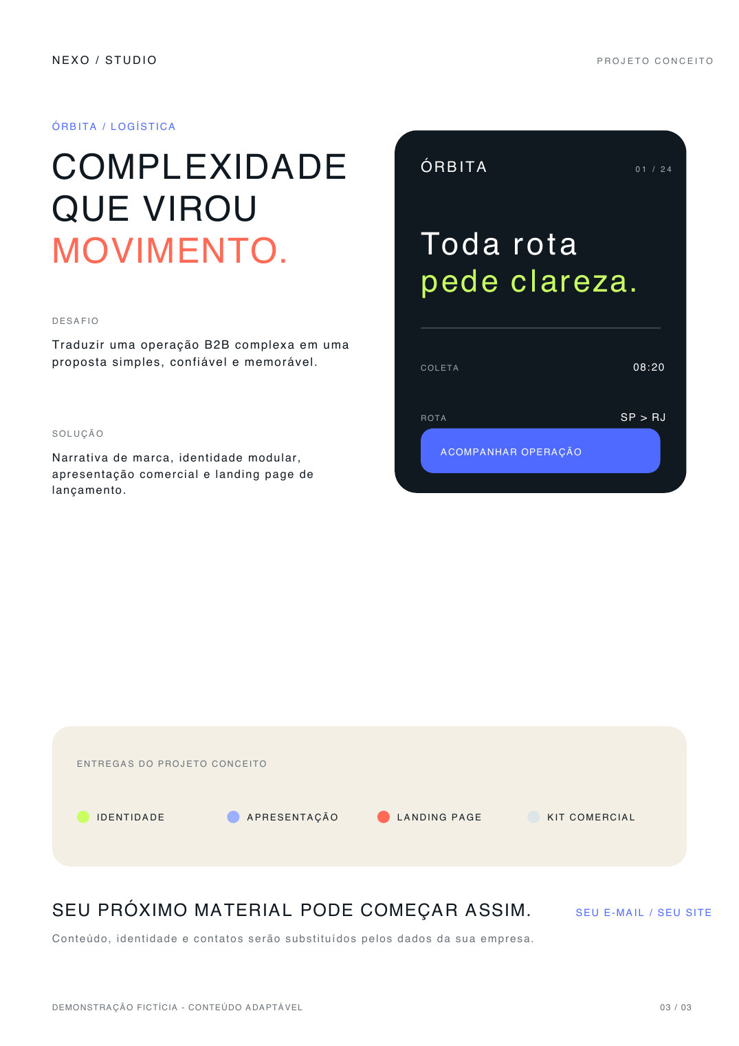 Projeto conceito Órbita Logística com mockup de apresentação e chamada final
